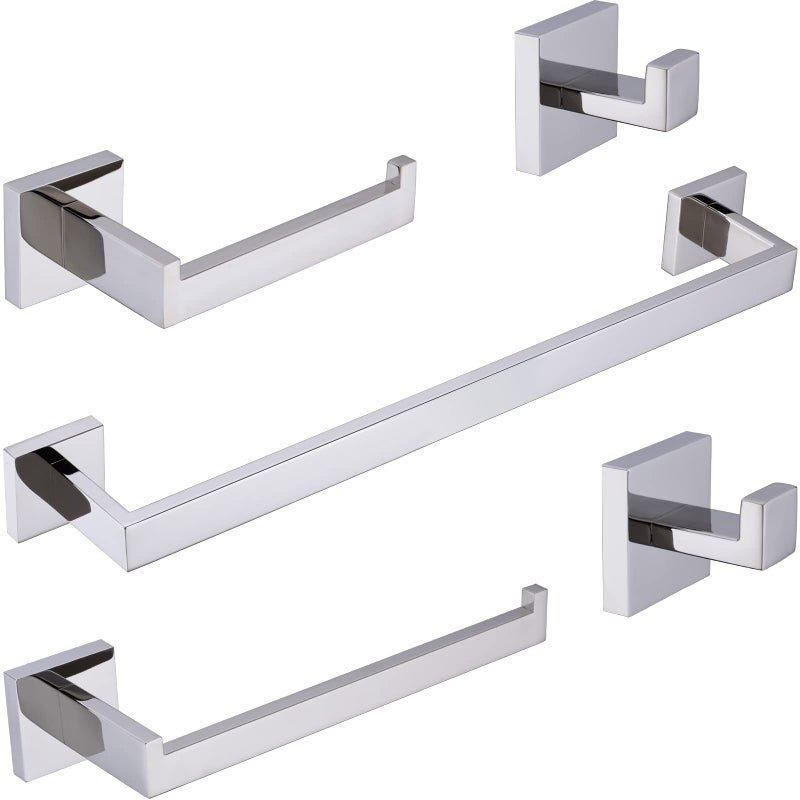 TRUSTMI 5-Piece Bathroom Hardware Accessory Set Robe Hook Towel Bar Toilet Roll Paper Holder Towel Ring Wall Mounted, SUS 304 Stainless Steel, Chrome - Image 1